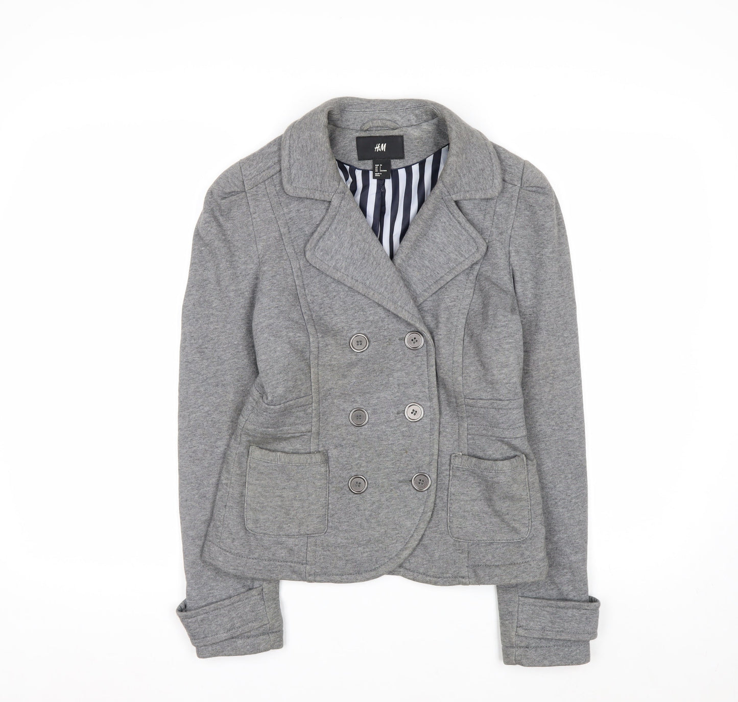H&M Women's Grey Cotton Blend Double Breasted Blazer Jacket Size 8