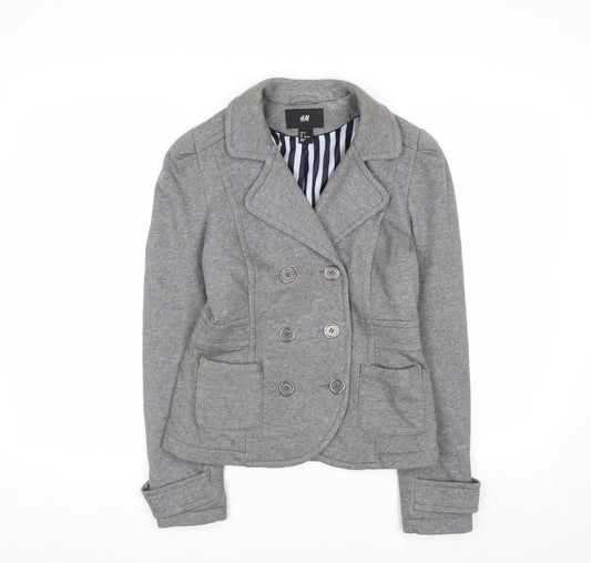 H&M Women's Grey Cotton Blend Double Breasted Blazer Jacket Size 8