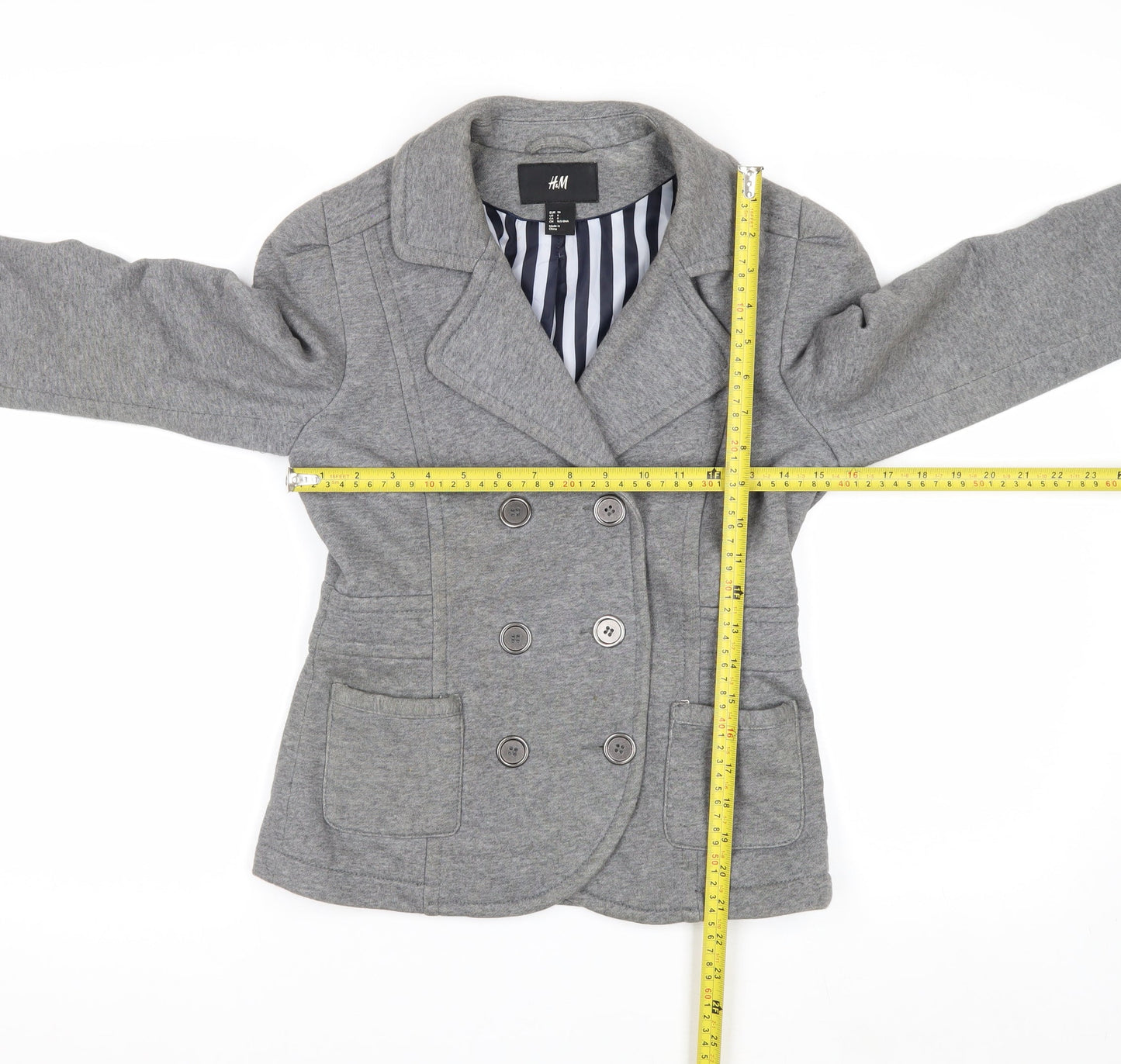 H&M Women's Grey Cotton Blend Double Breasted Blazer Jacket Size 8