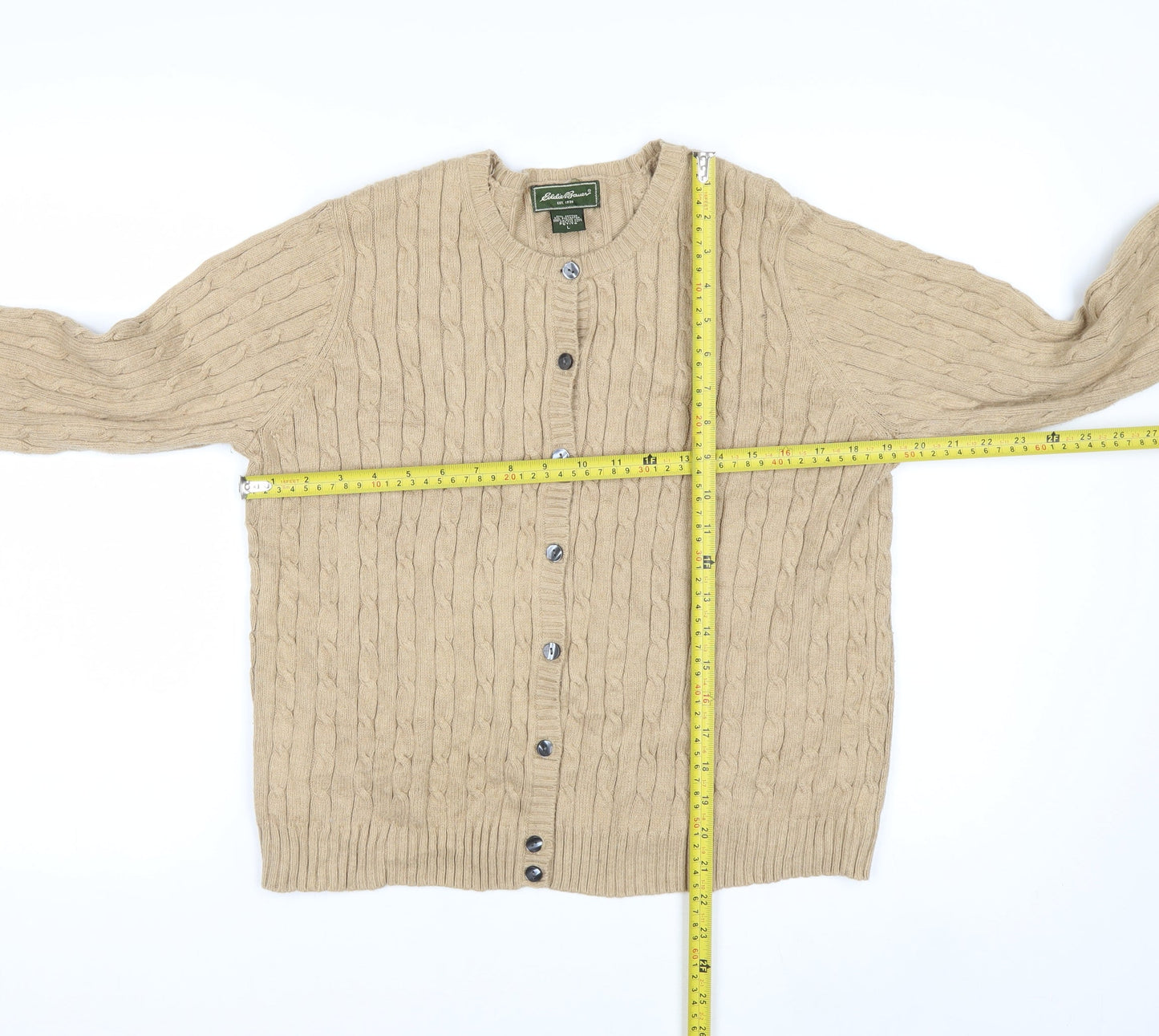 Eddie Bauer Women’s Beige Cable-Knit Cardigan Petite L Cotton Blend