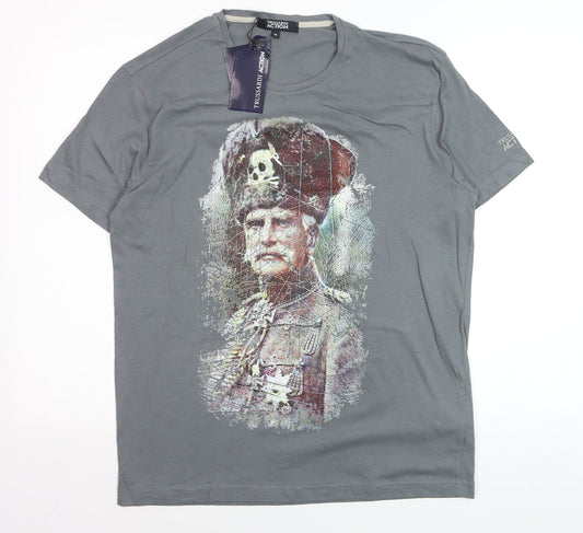Trussardi Action Men's Grey Graphic Military Art Cotton T-Shirt M