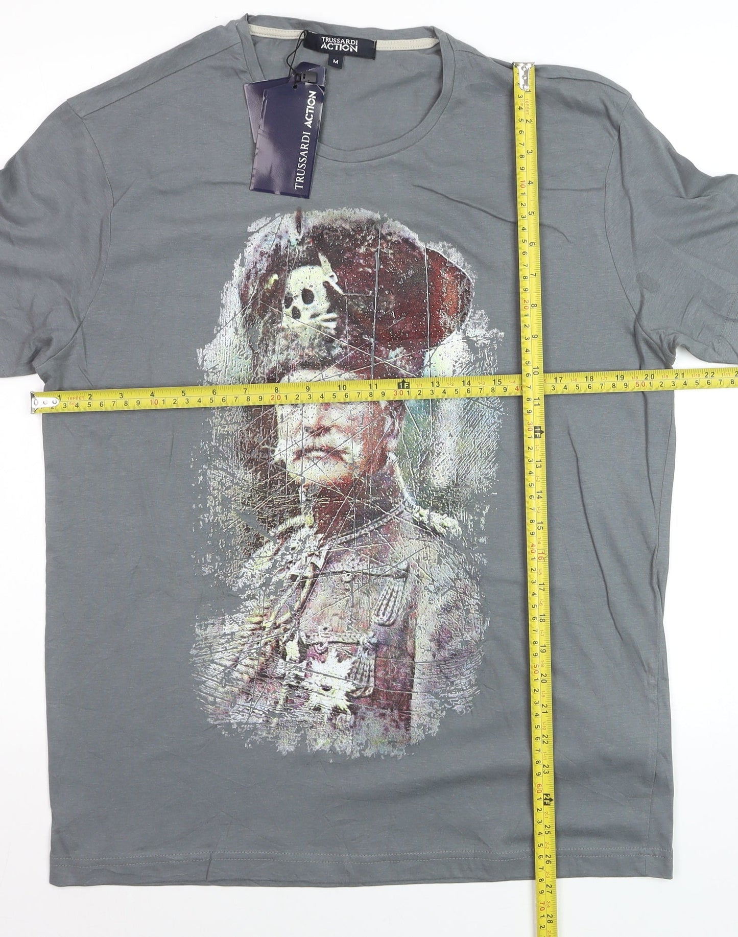 Trussardi Action Men's Grey Graphic Military Art Cotton T-Shirt M