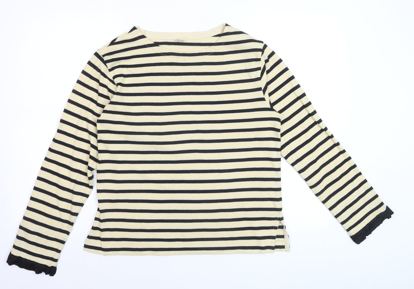 Jigsaw Women Beige Striped Long Sleeve Cotton Boat Neck Top S