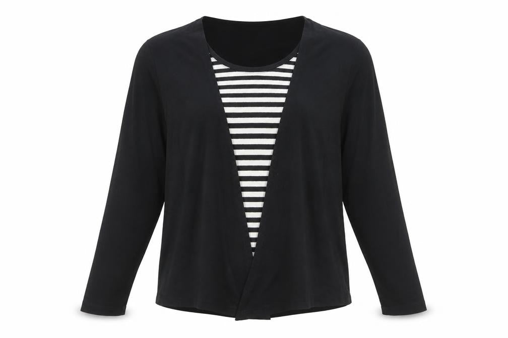 Asoy Women Black Size 14 Cardigan with Striped Mock Insert