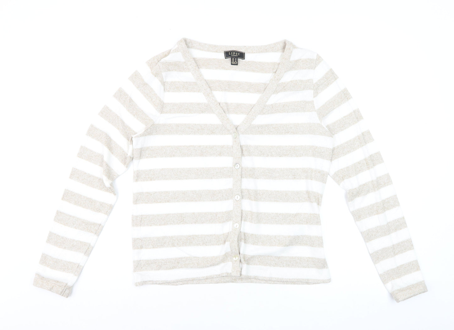 Lipsy Women’s Beige White Striped Cardigan UK 12 V-Neck Knit