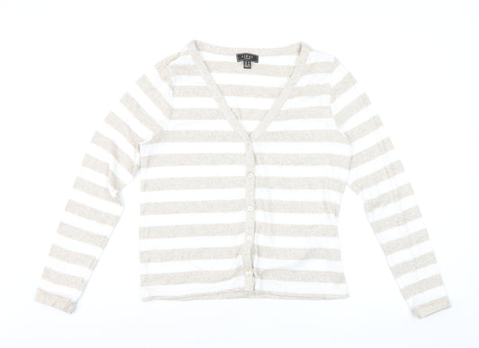 Lipsy Women’s Beige White Striped Cardigan UK 12 V-Neck Knit