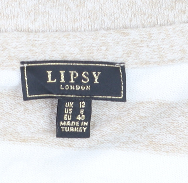 Lipsy Women’s Beige White Striped Cardigan UK 12 V-Neck Knit