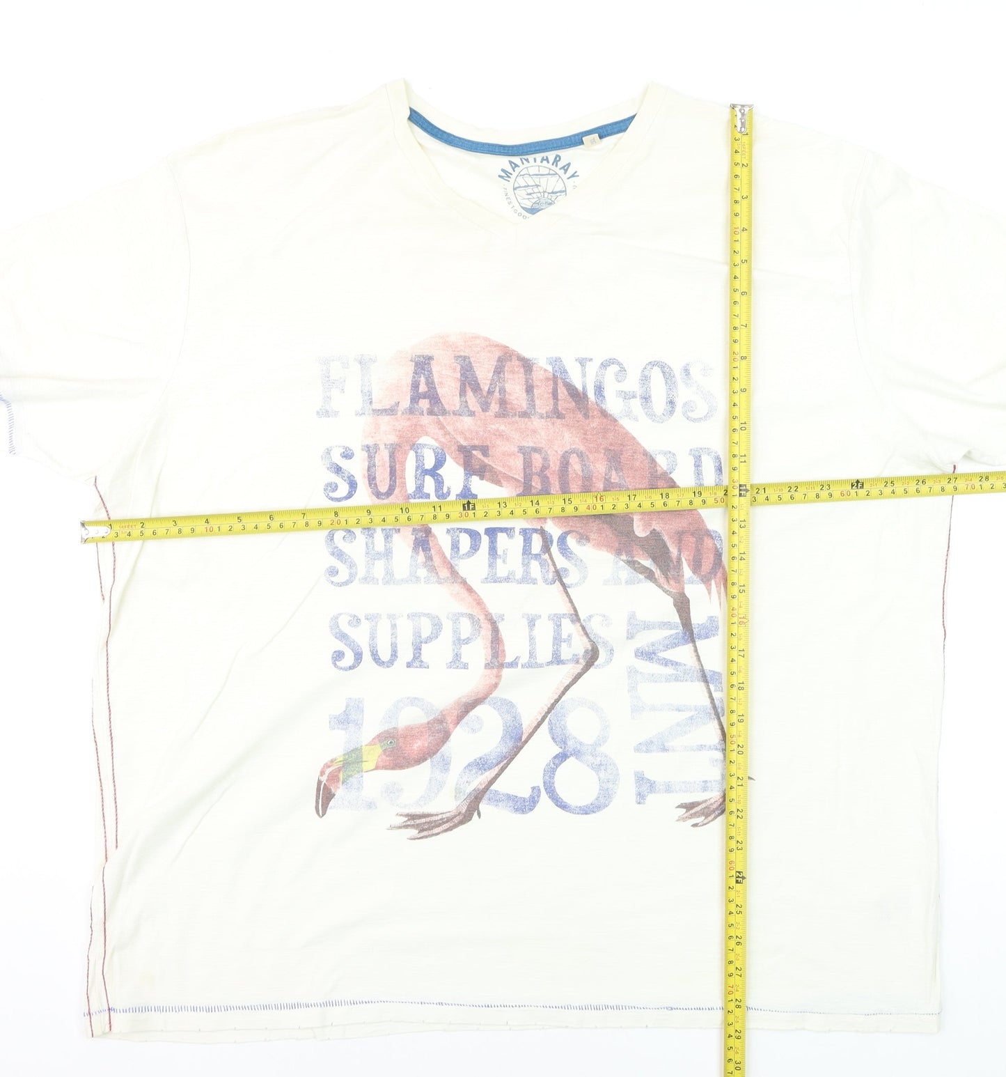 Mantaray Men's Beige Flamingo Graphic V-Neck Cotton T-Shirt 2XL