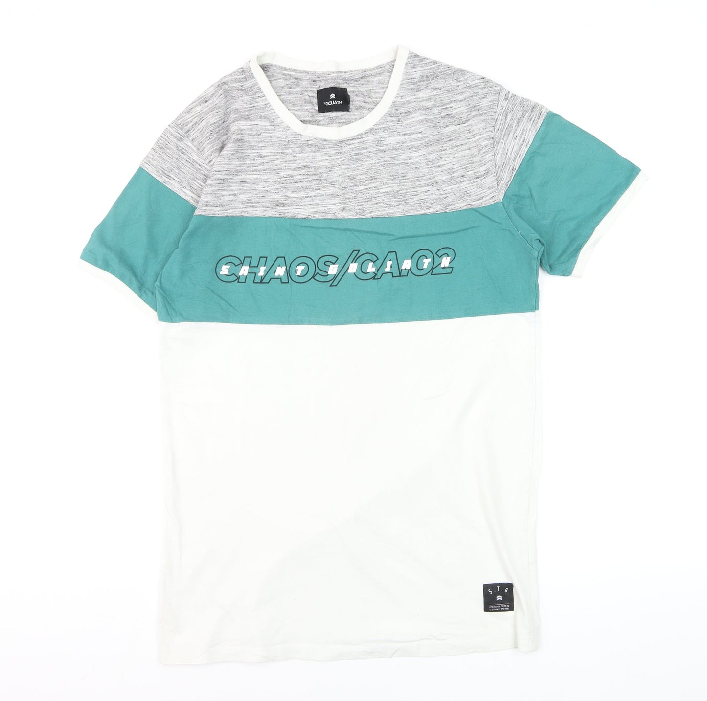 St Goliath Men's Grey and Green Colourblock Graphic T-Shirt Size S