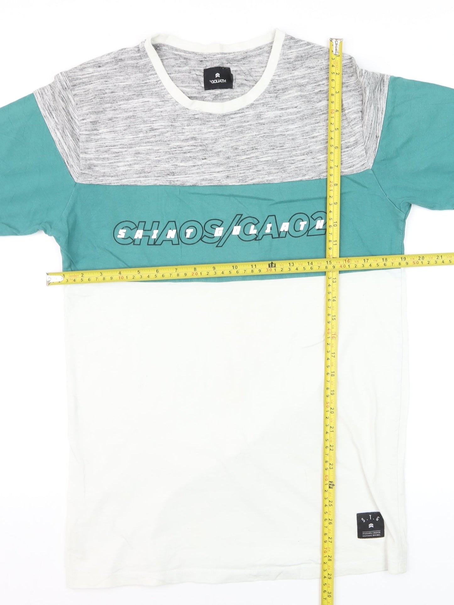 St Goliath Men's Grey and Green Colourblock Graphic T-Shirt Size S