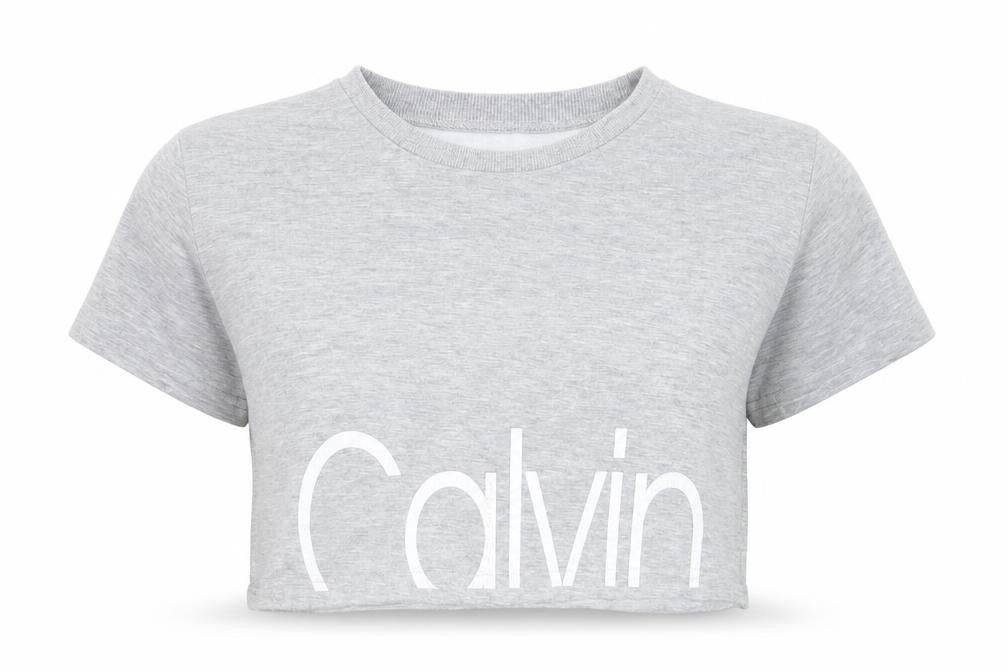 Calvin Klein Womens Grey Cropped Logo T-Shirt Size L Casual
