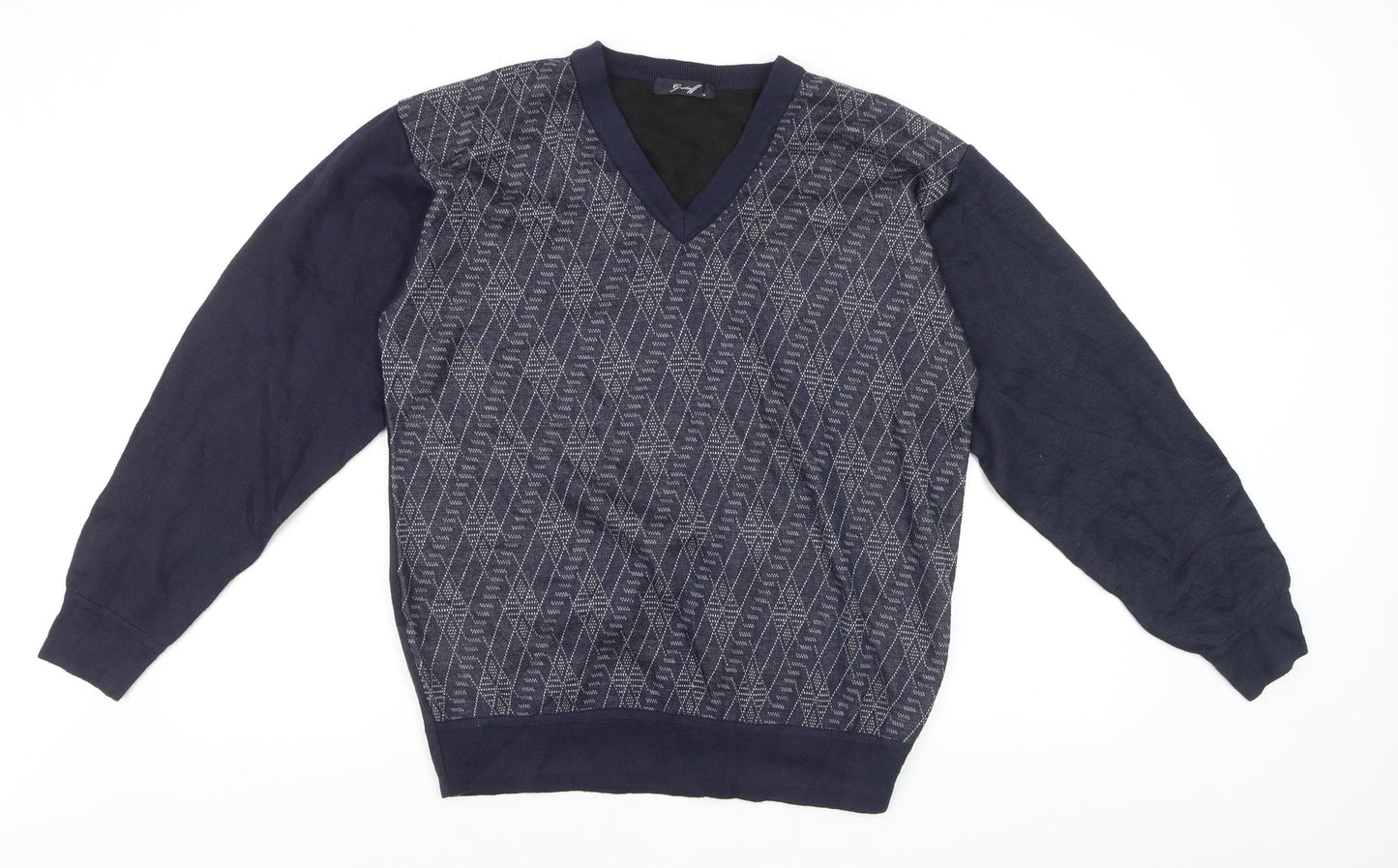 Gestoff Men's Blue Argyle V-Neck Pullover Jumper Size M