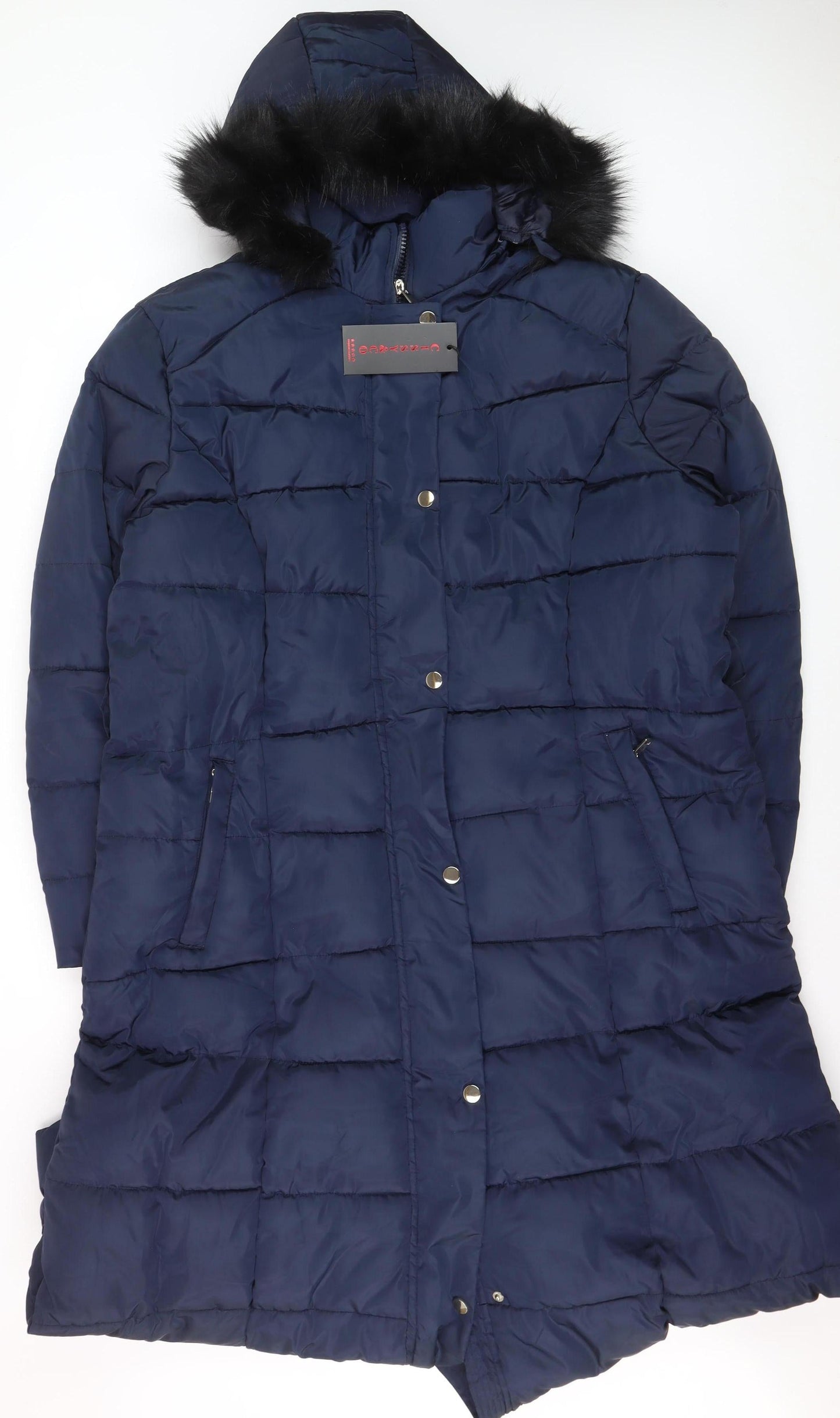 CISSY&CO Women's Blue Long Puffer Coat Size 28 Hooded Fur Trim