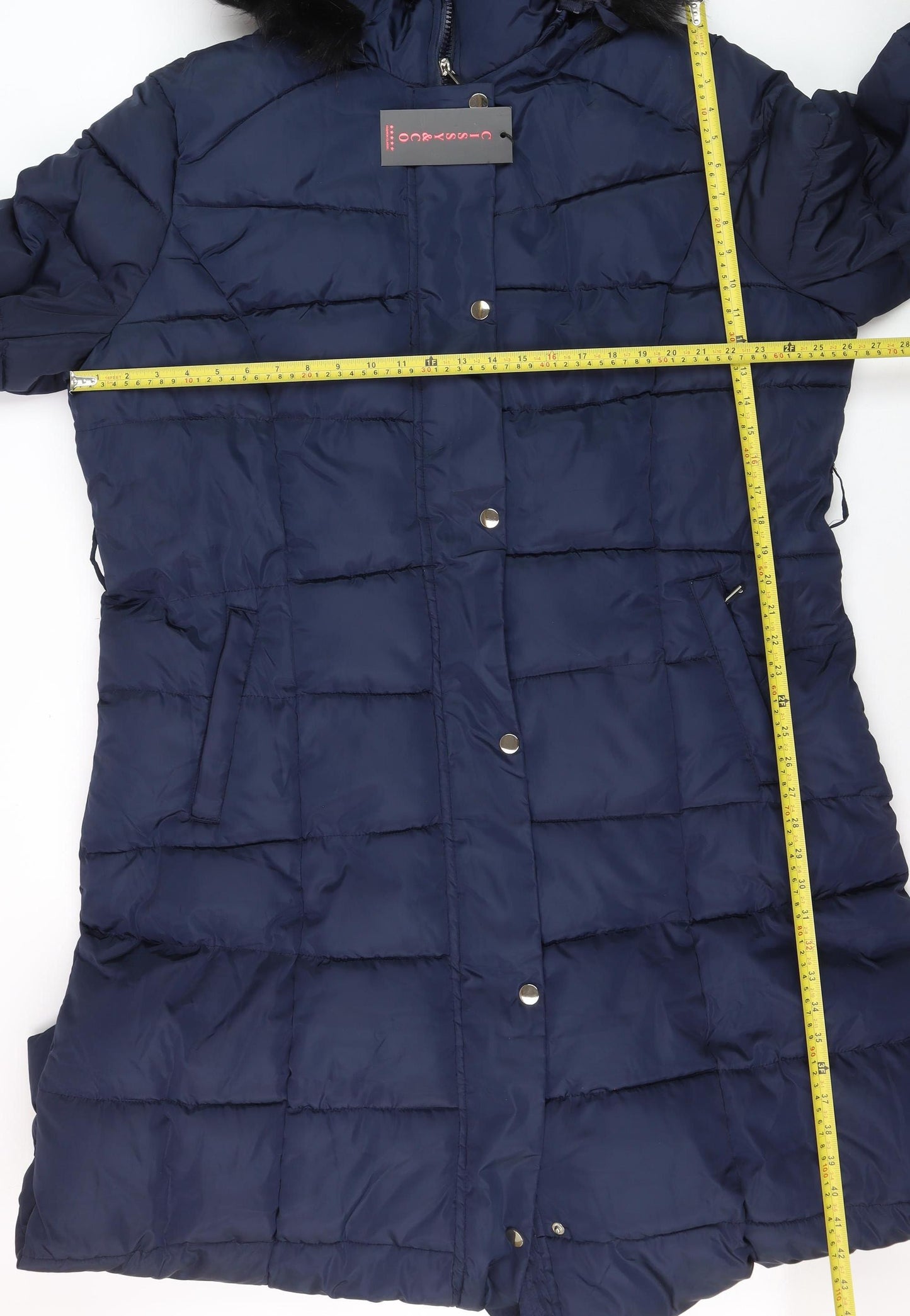 CISSY&CO Women's Blue Long Puffer Coat Size 28 Hooded Fur Trim