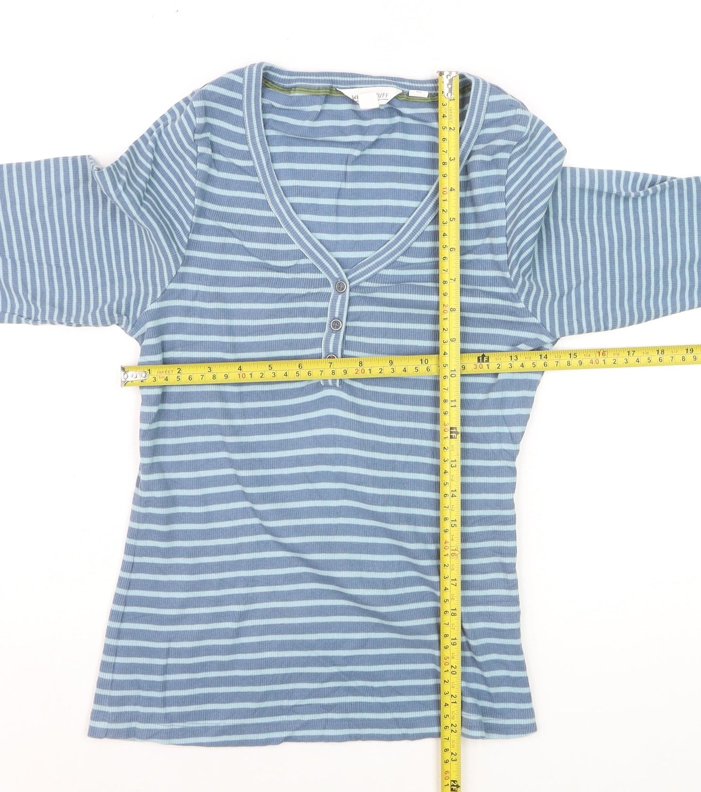 White Stuff Women’s Blue Striped Long Sleeve V-Neck Cotton T-Shirt Size 10