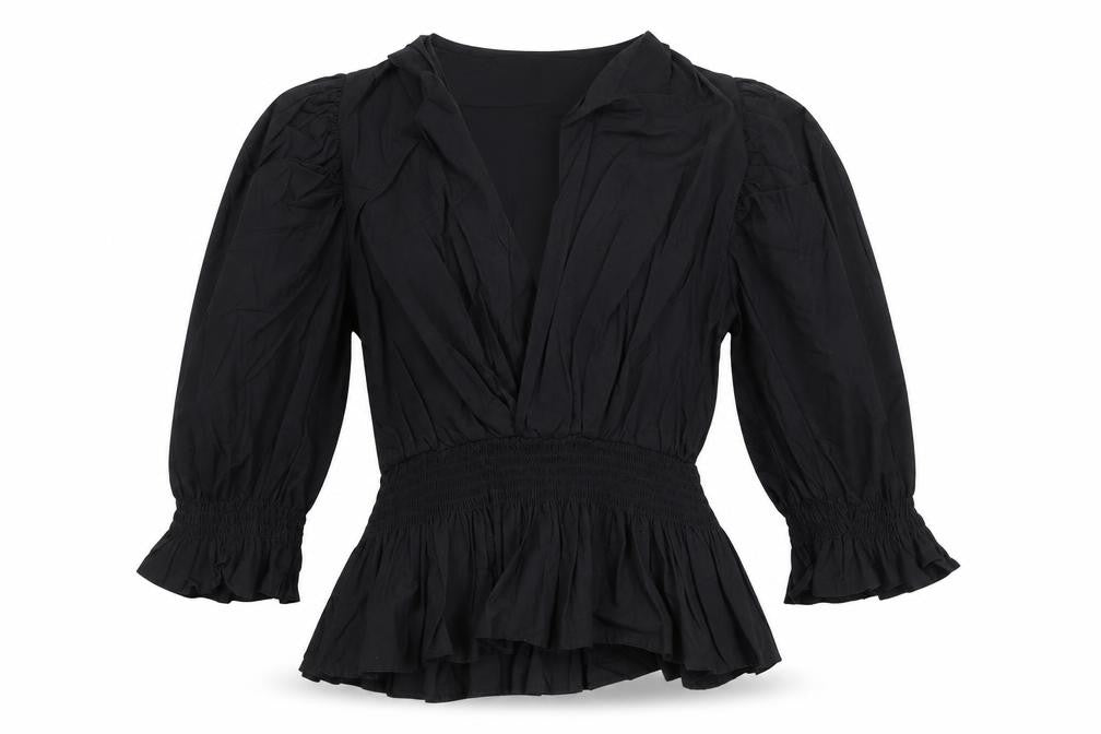 Zara Women Black XS Wrap Blouse Puff Sleeve V-Neck Ruffle Hem