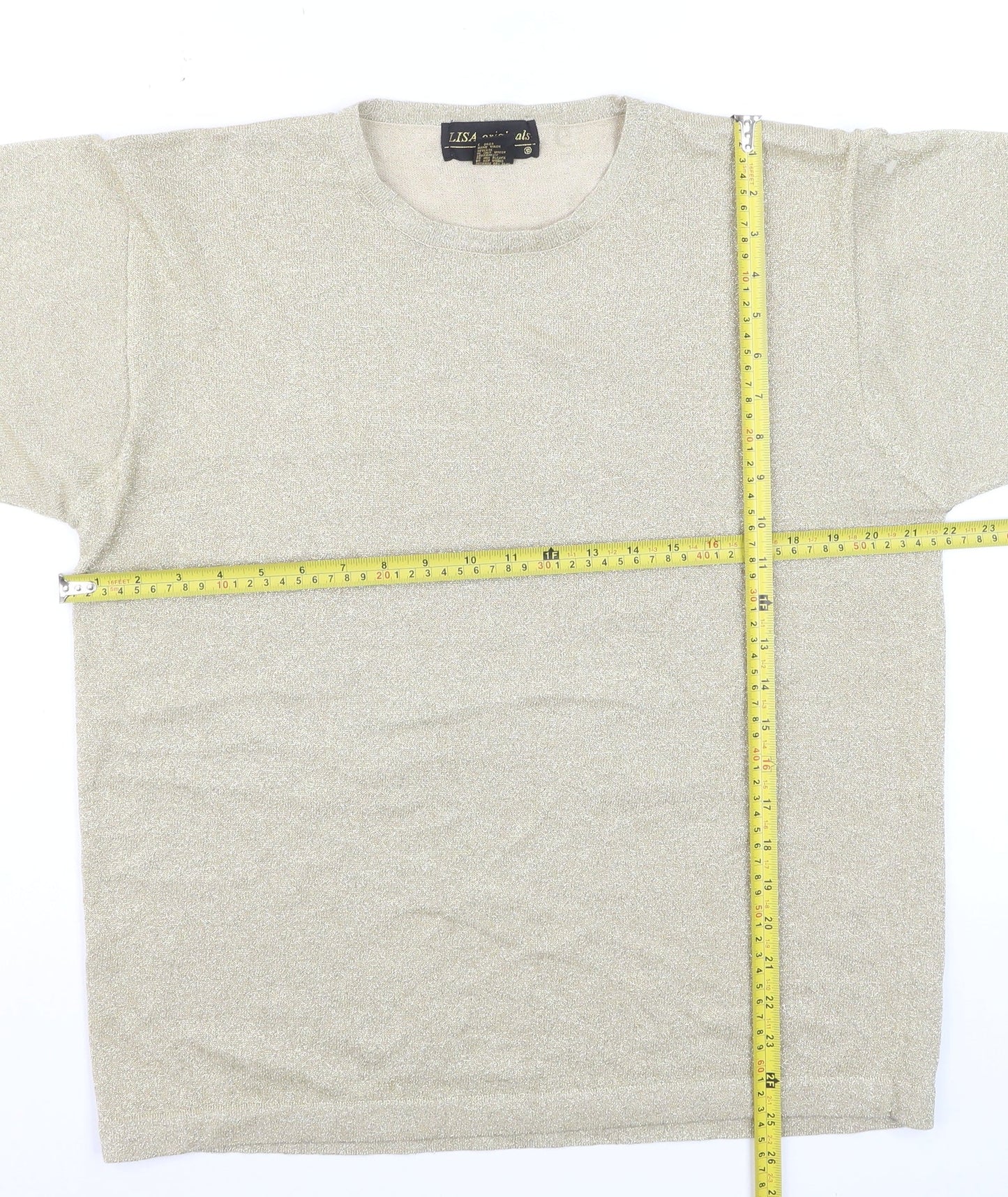 LISA Originals Womens Beige Metallic Knit Short Sleeve T-Shirt Size L