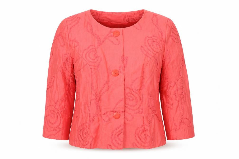 Kaliko Women Red Linen Blend Floral Jacket Size 14 3/4 Sleeve