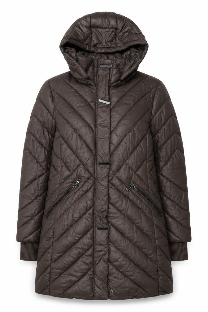 Wados Women Brown Long Puffer Coat Quilted Hooded Size L