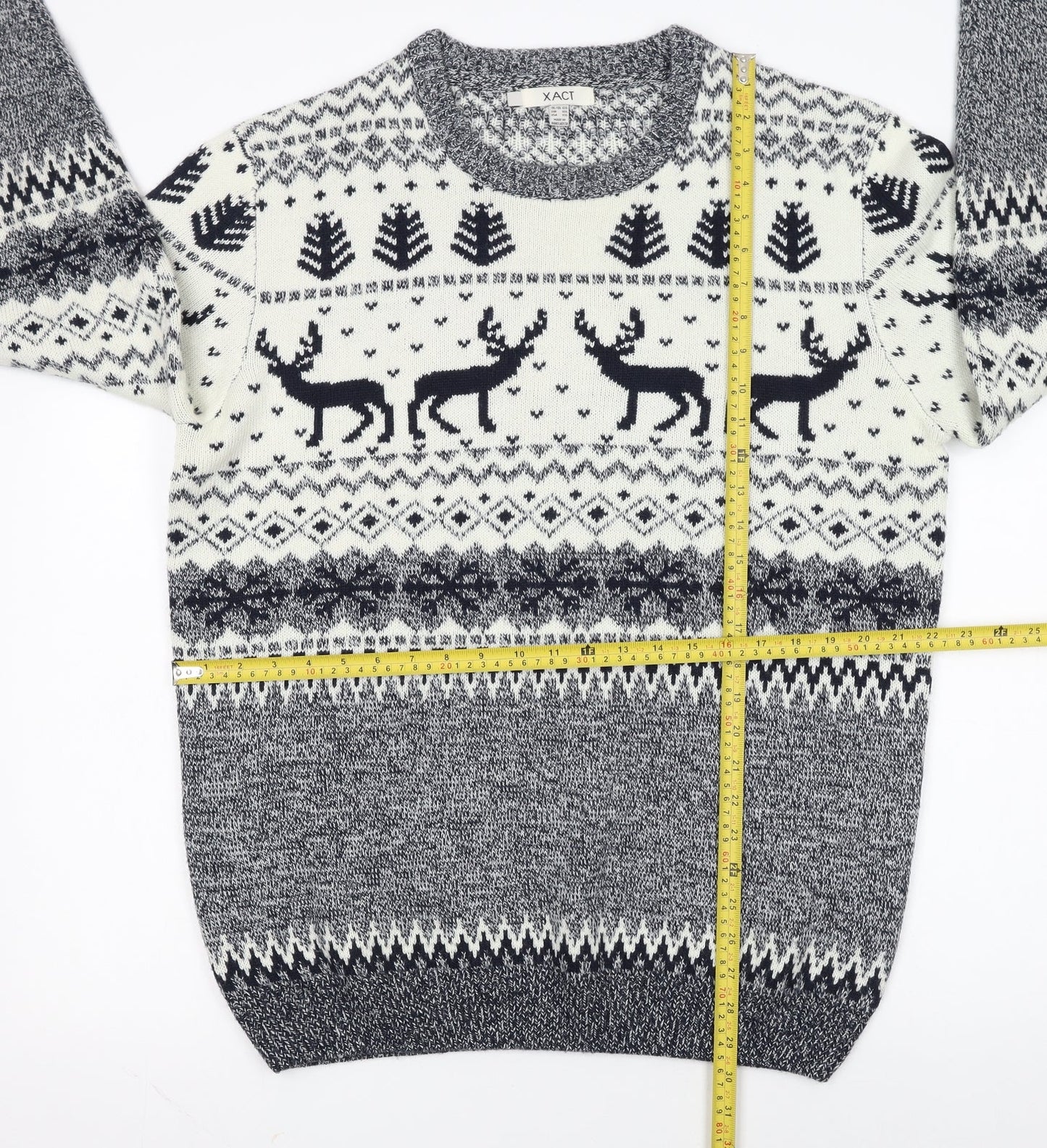 Xact Men’s Beige Fair Isle Reindeer Winter Crew Neck Jumper 2XL
