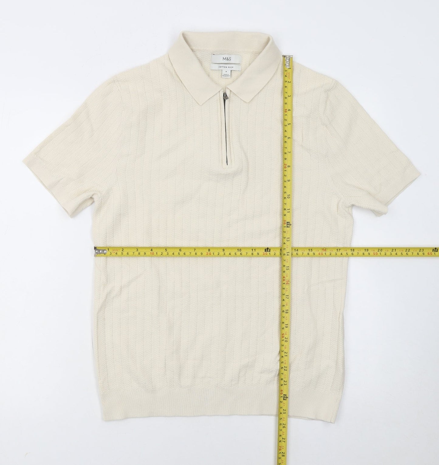 Marks and Spencer Men’s Ivory Cotton Polo M Zip Collar Knit Top