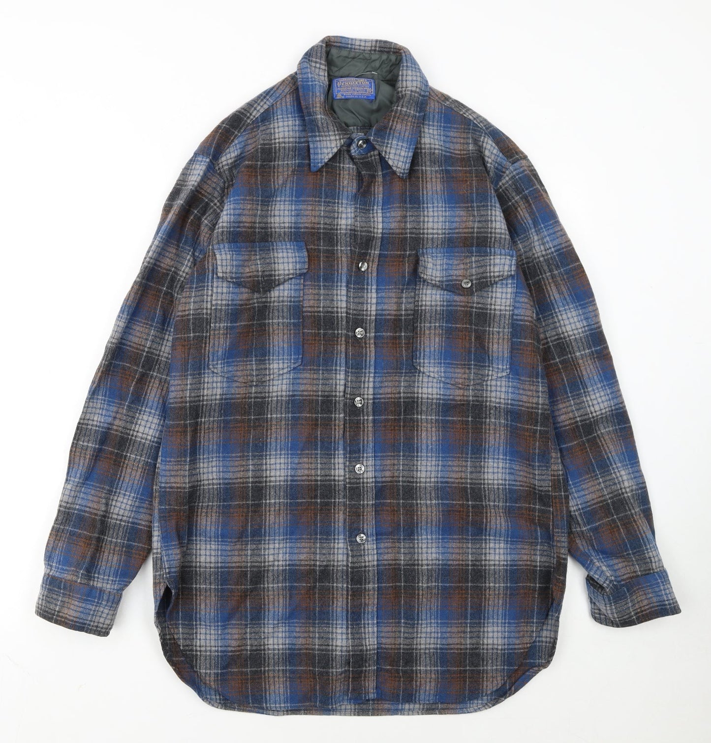 Pendleton Women Blue Plaid Wool Flannel Button-Up Shirt Size 16