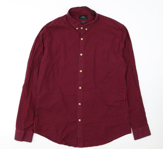 Moss London Men's Red Check Slim Fit Long Sleeve Button-Up Shirt Size L