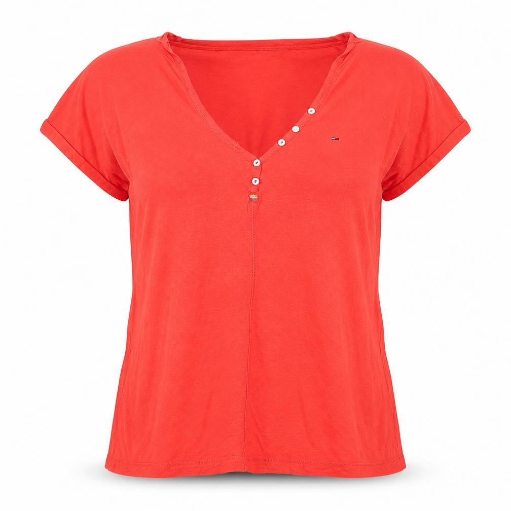Hilfiger Denim Women's Red Cotton V-Neck Button Short Sleeve T-Shirt M