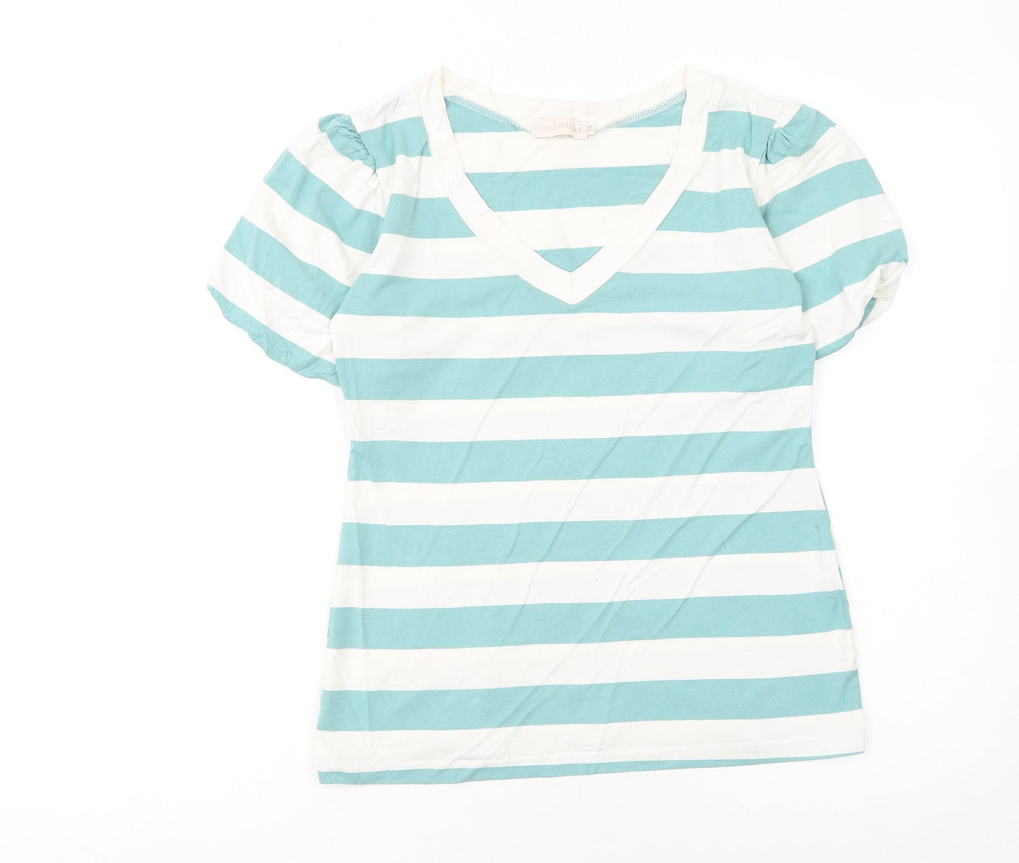 Cocomore Women's Blue Striped V-Neck Puff Sleeve T-Shirt Size 8