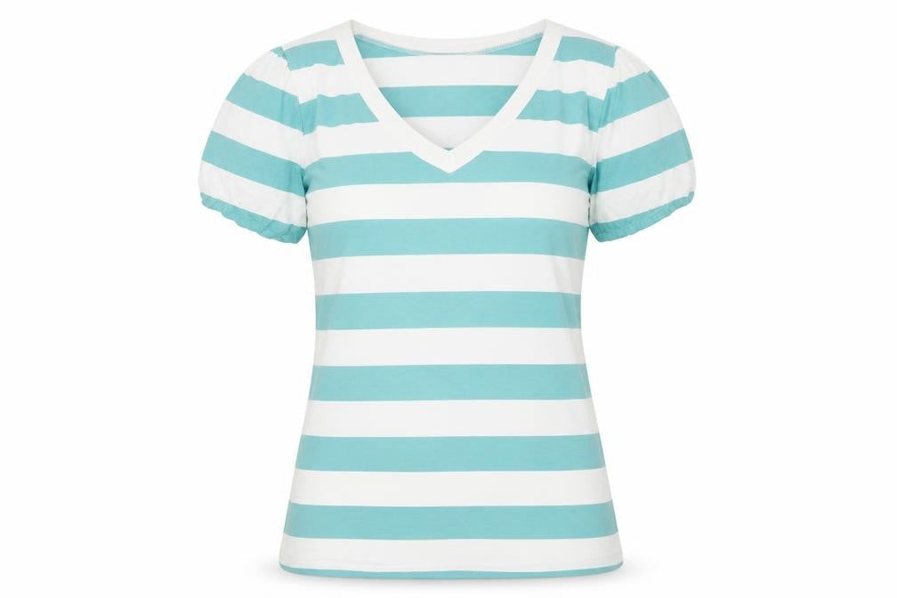 Cocomore Women's Blue Striped V-Neck Puff Sleeve T-Shirt Size 8