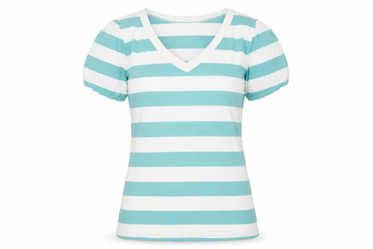 Cocomore Women's Blue Striped V-Neck Puff Sleeve T-Shirt Size 8