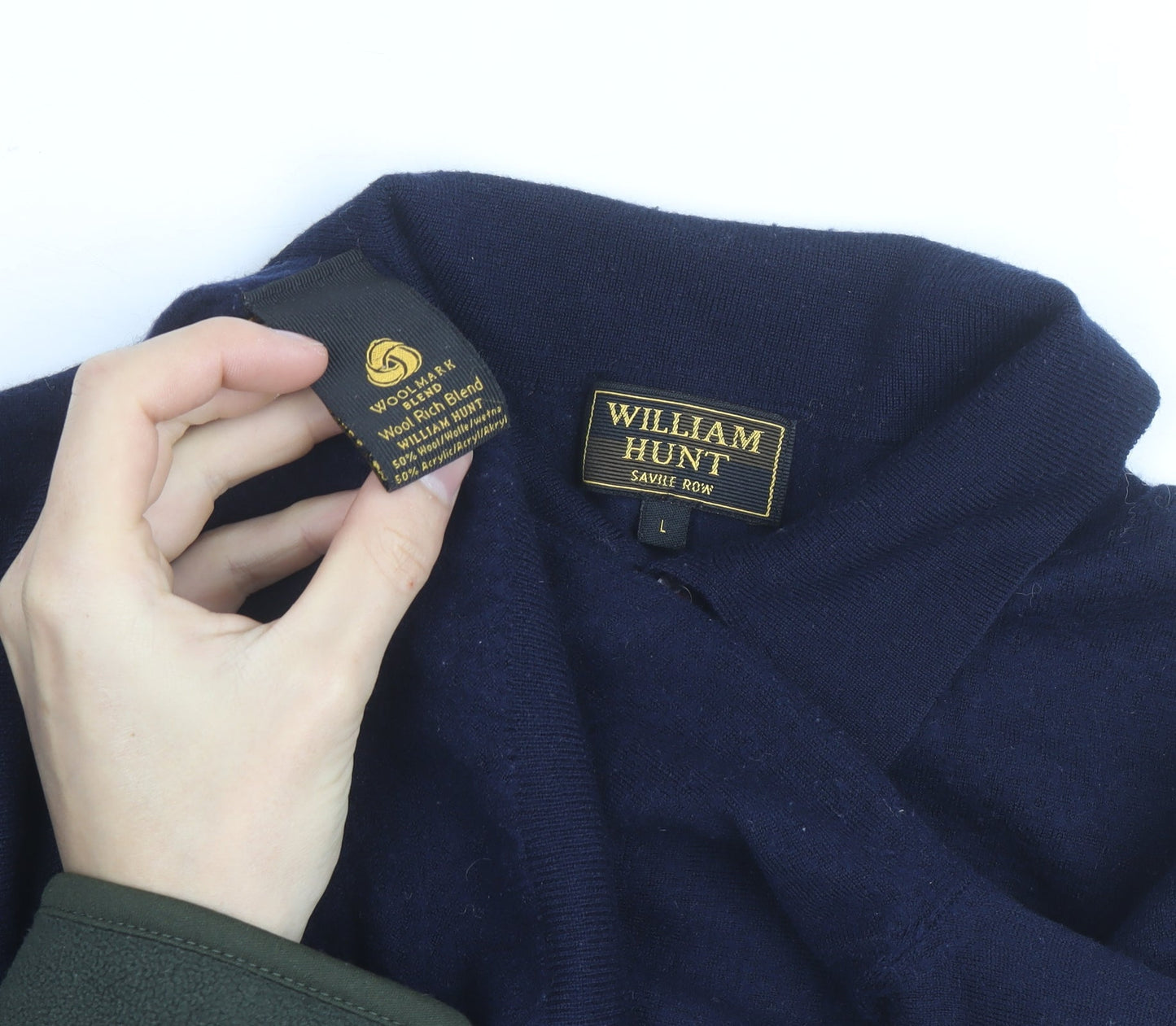 William Hunt Men’s Blue Wool Blend Collared Henley Jumper Size L