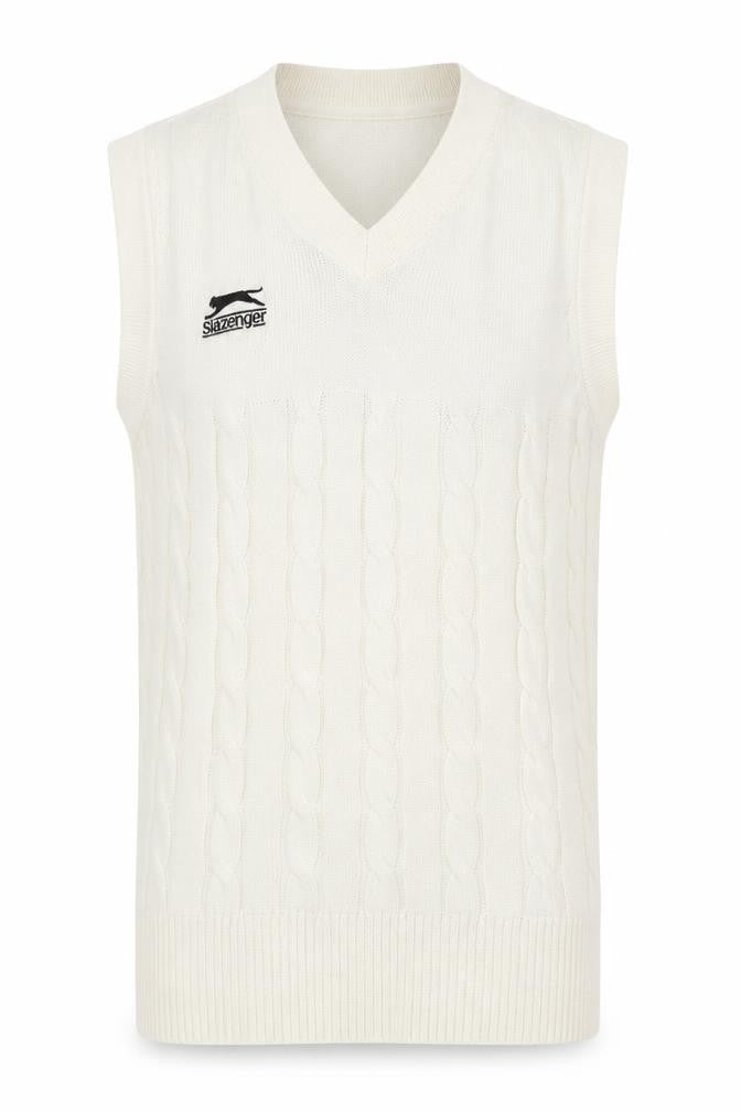 Slazenger Men's Ivory Cable Knit Cotton Sleeveless V-Neck Vest S