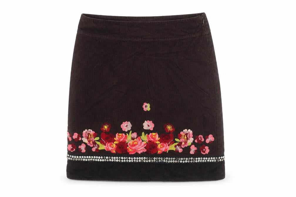 Monsoon Women’s Brown Floral Embroidered Corduroy Skirt Size 16