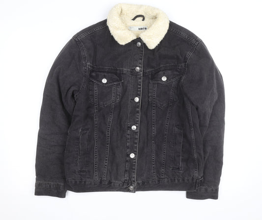 Topshop Moto Black Sherpa Denim Jacket Unisex M Classic Winter Warm