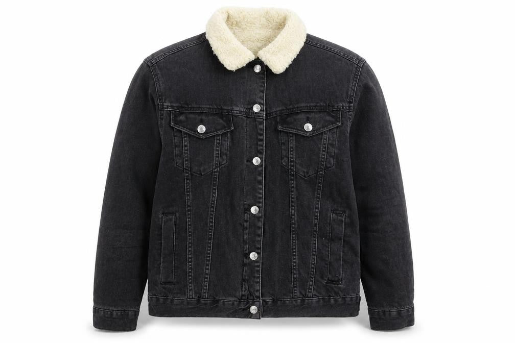 Topshop Moto Black Sherpa Denim Jacket Unisex M Classic Winter Warm