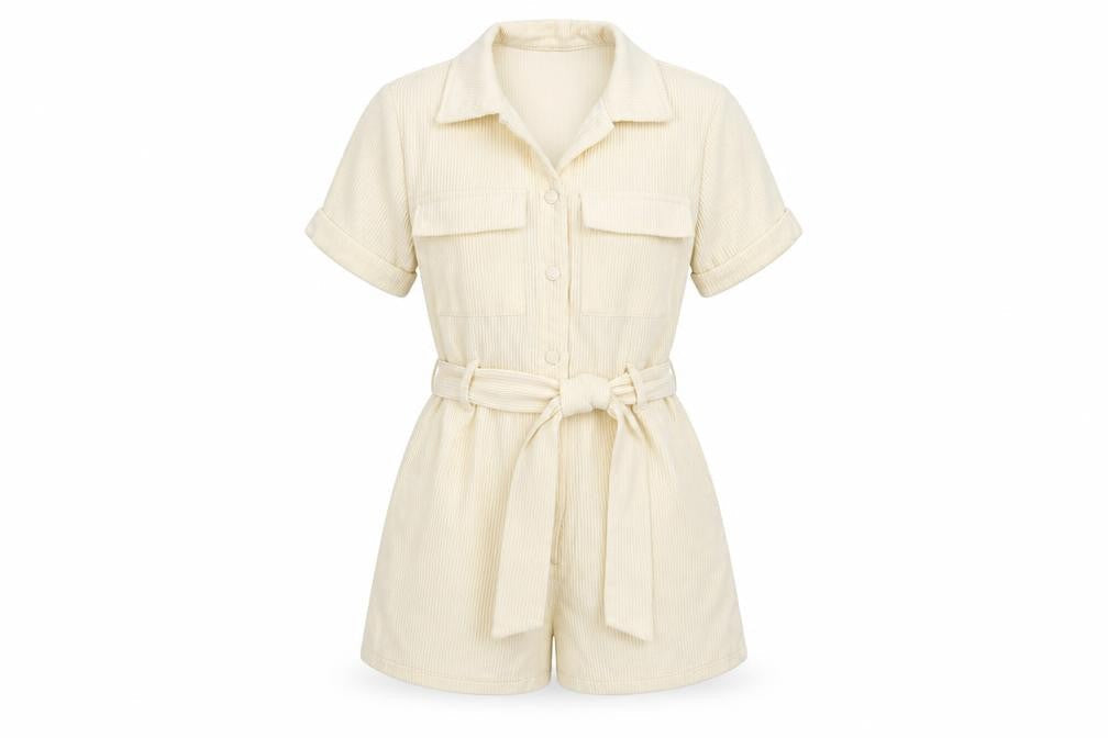PRETTYLITTLETHING Women’s Ivory Corduroy Short Sleeve Belted Playsuit UK S