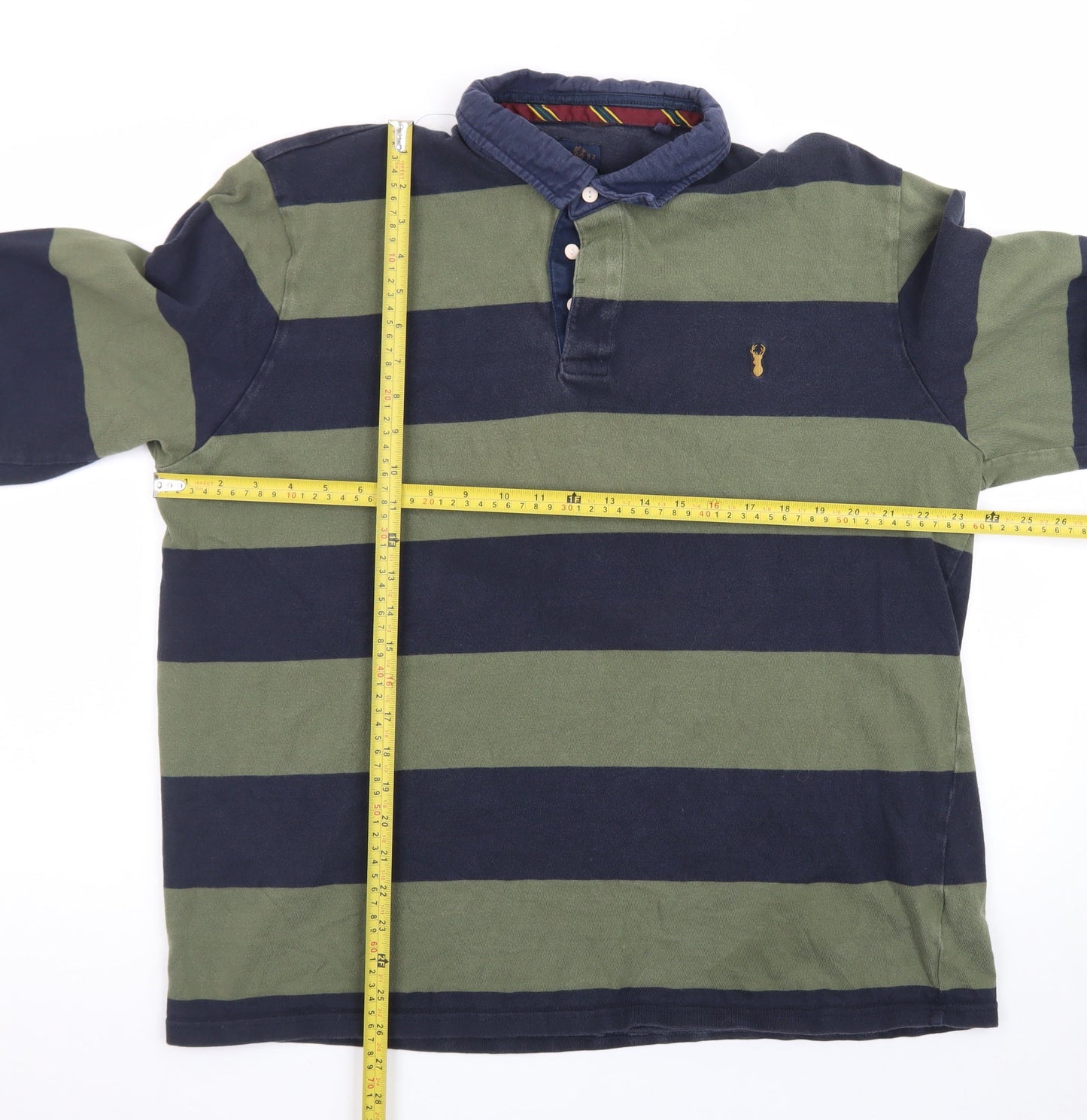 Next Men's Green and Navy Striped Long Sleeve Polo XL Cotton Rugby Top