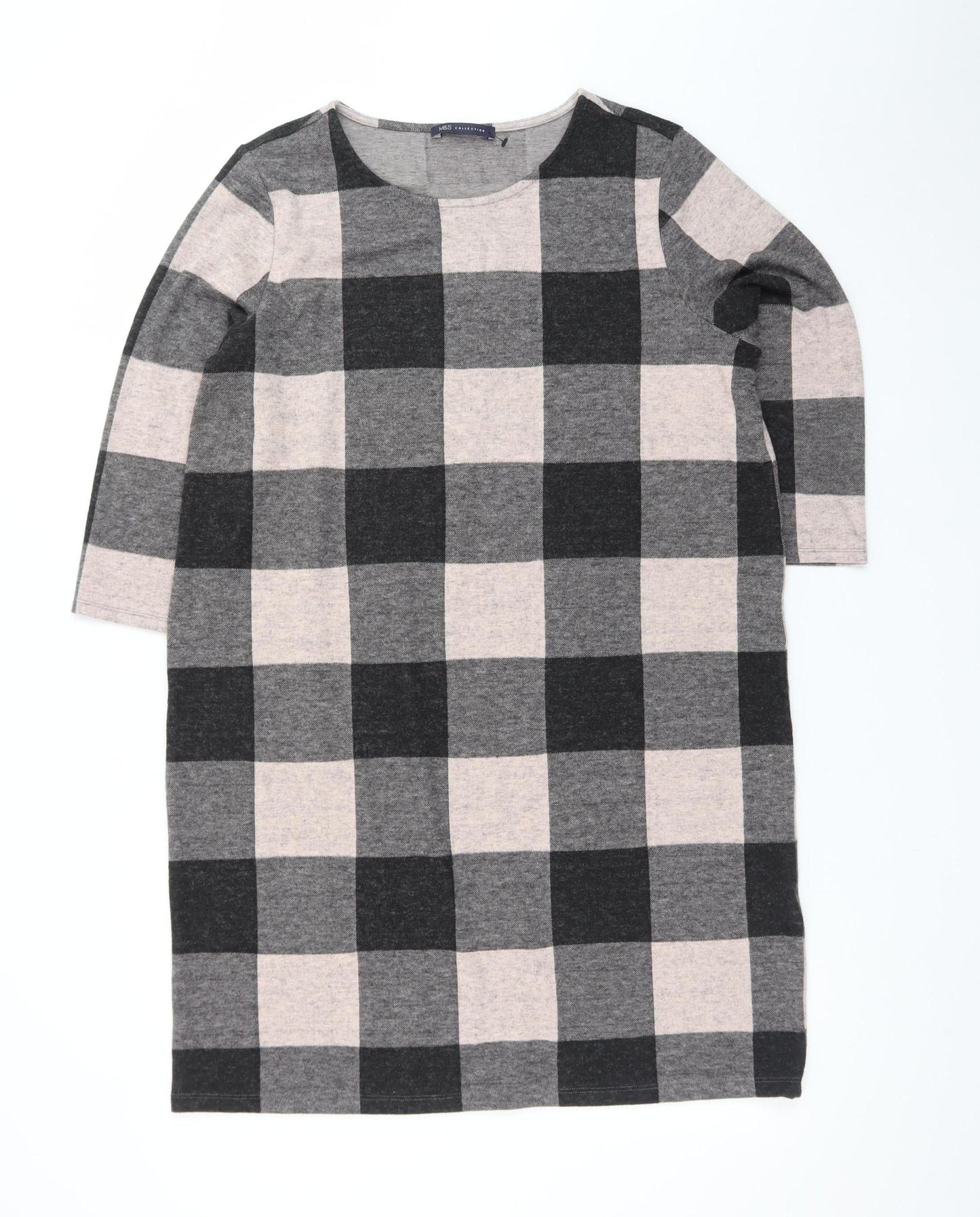 Marks and Spencer Women Grey Check Shift Dress Size 16 3/4 Sleeve
