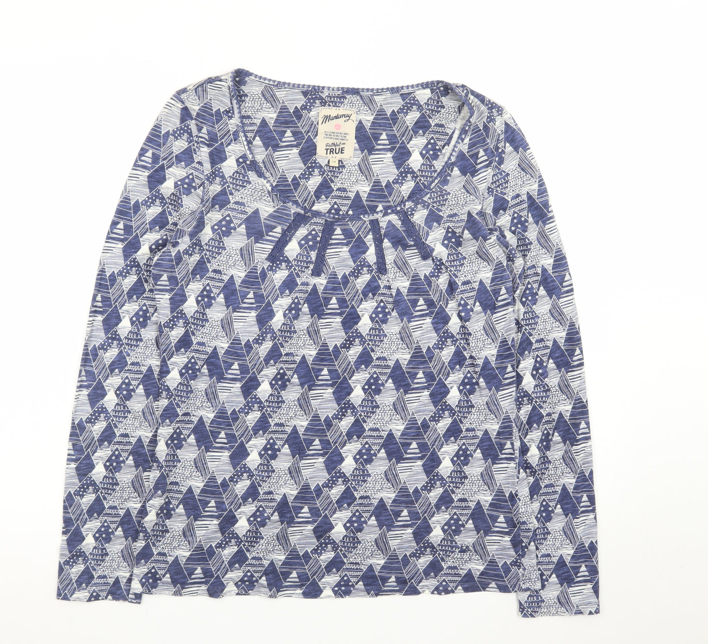 Mantaray Women's Blue Geometric Long Sleeve Cotton T-Shirt Size 14