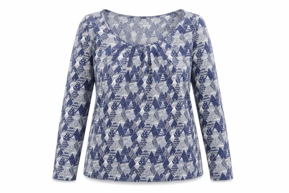 Mantaray Women's Blue Geometric Long Sleeve Cotton T-Shirt Size 14