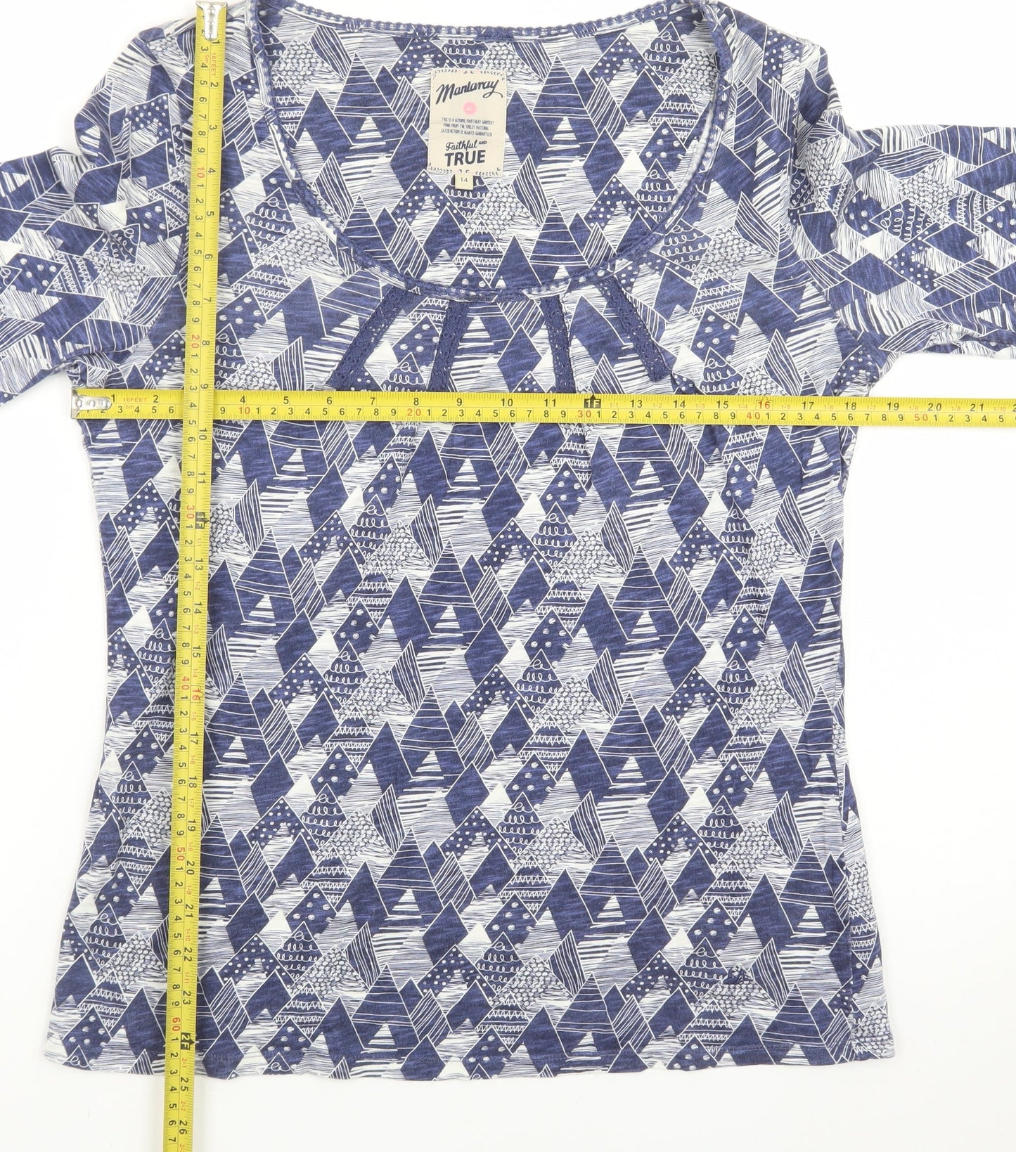 Mantaray Women's Blue Geometric Long Sleeve Cotton T-Shirt Size 14