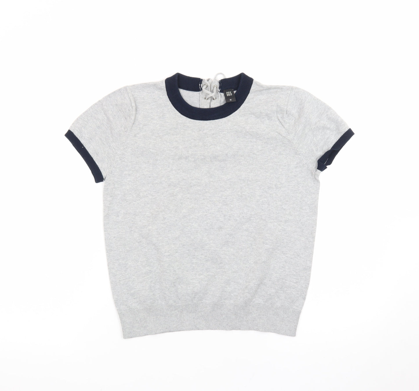 GG5 Womens Grey Ringer Knit Lace-Up Back Short Sleeve T-Shirt M