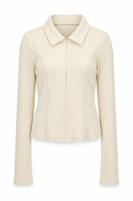 Urban Outfitters Women Beige Collared Full Zip Ribbed Cotton Jumper M