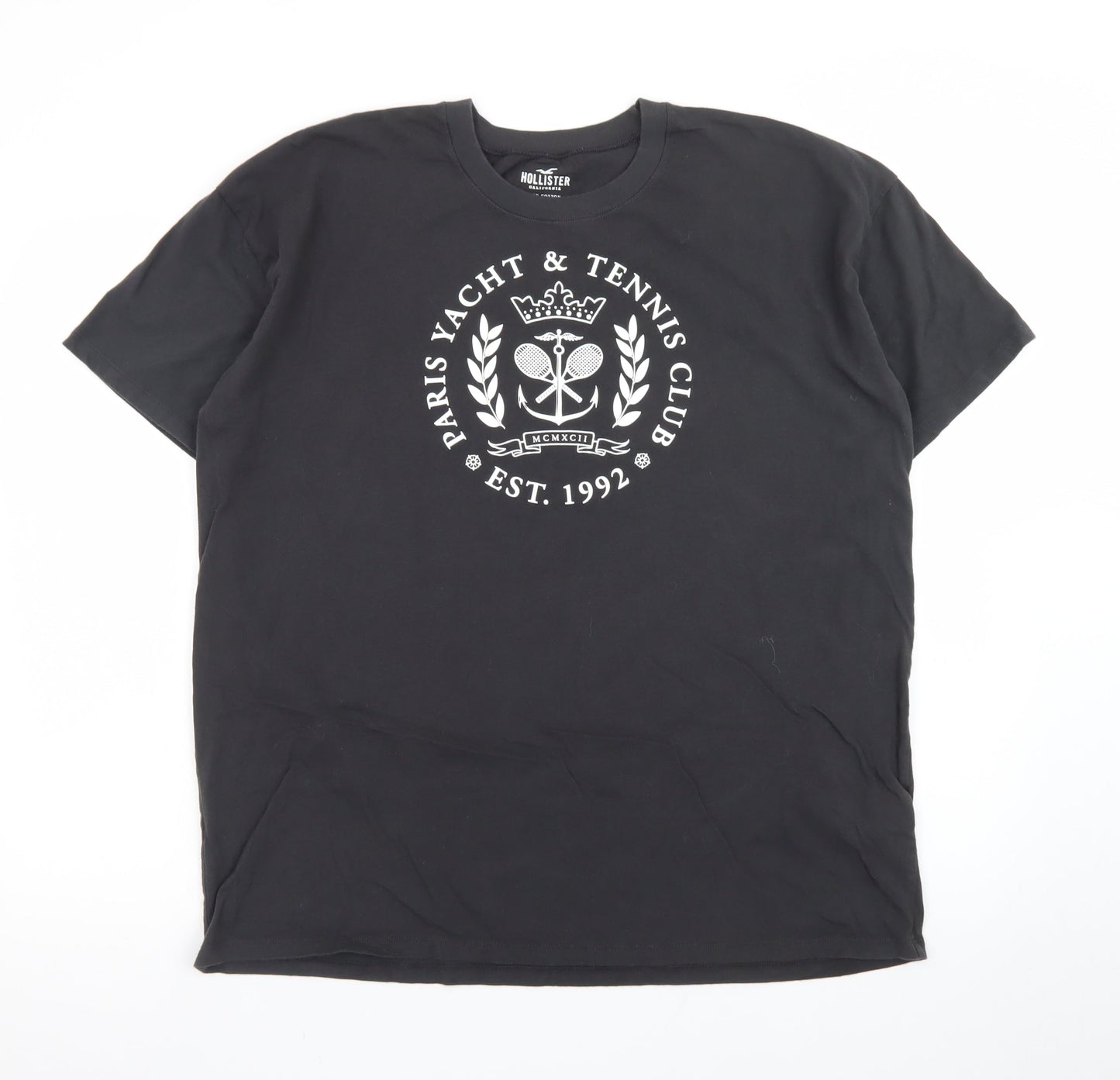Hollister Men Black Crew Neck Graphic T-Shirt L Cotton Paris Yacht Print