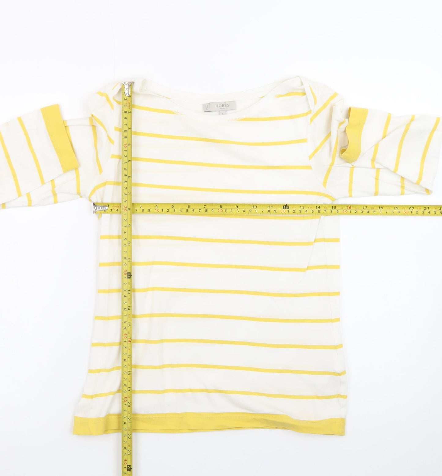 Hobbs Womens Yellow White Striped Cotton 3/4 Sleeve Boat Neck T-Shirt Size S