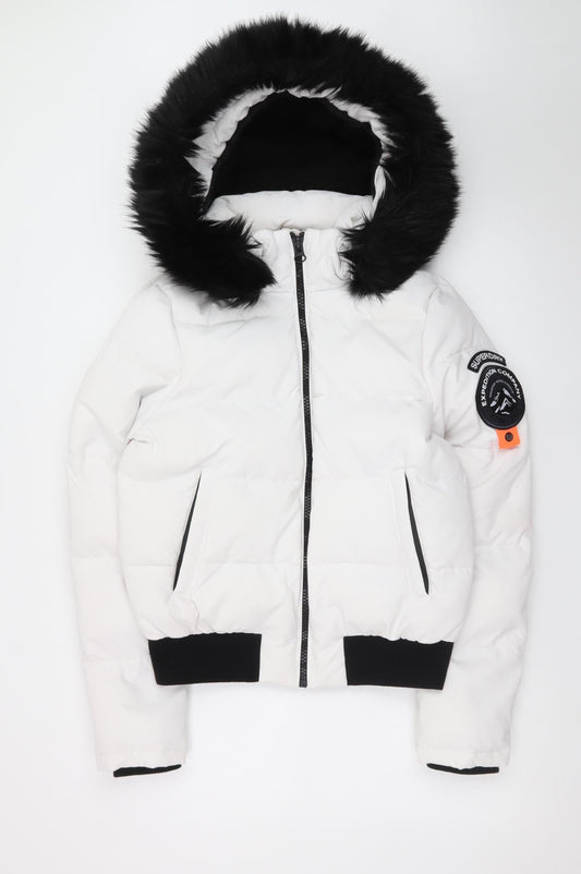 Superdry Women White Puffer Jacket UK 10 Faux Fur Hooded Everest Style
