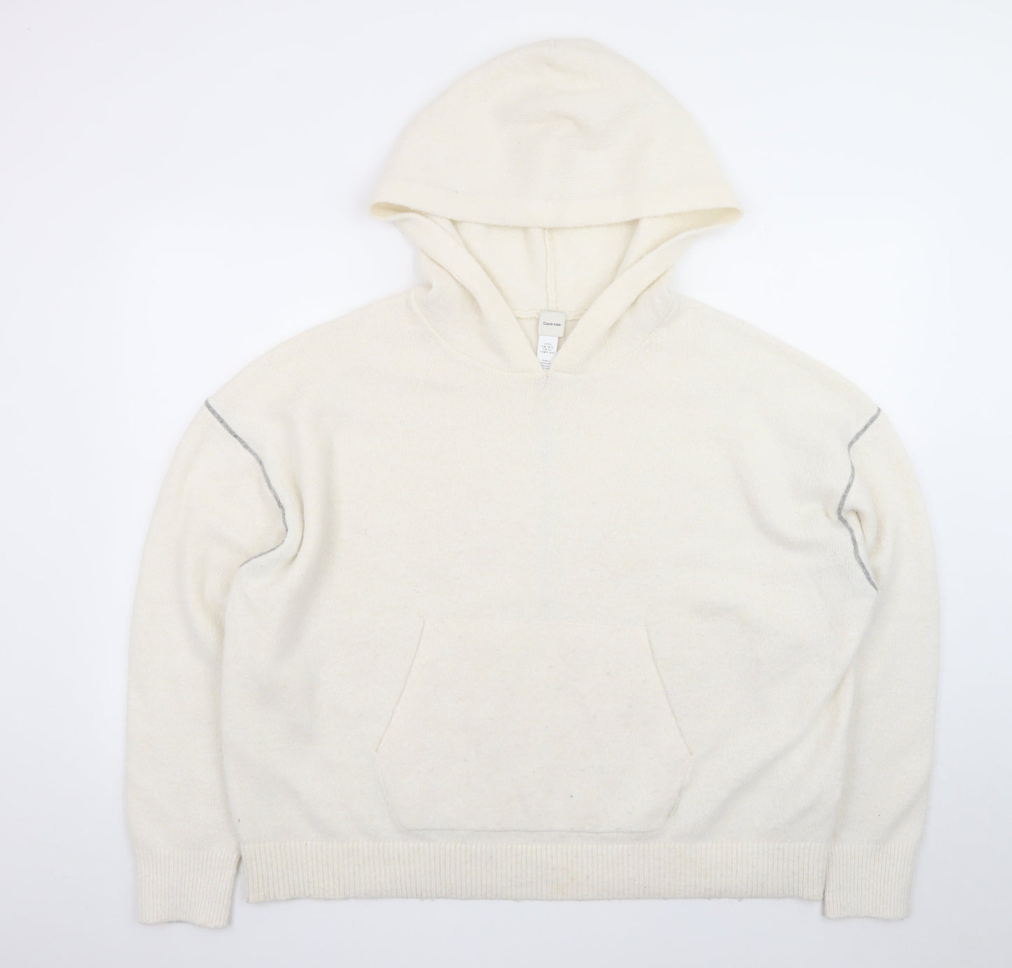 Calvin Klein Women Ivory Wool Blend Hooded Pullover Jumper Size S