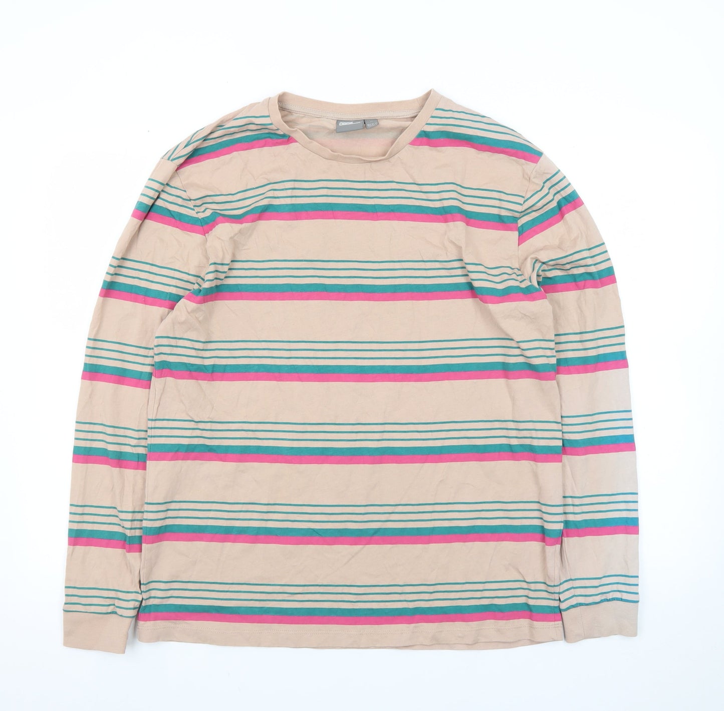 ASOS Men's Beige Striped Long Sleeve Crew Neck T-Shirt Size M