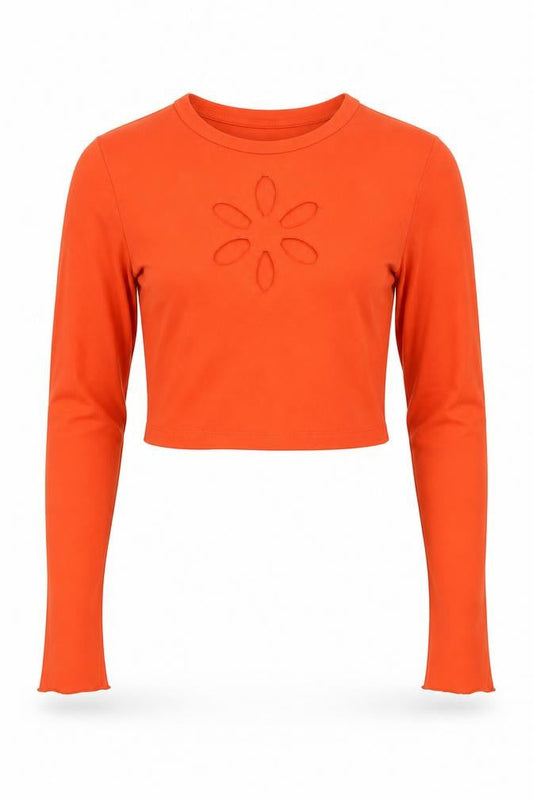 Milk It Womens Orange Cropped Long Sleeve Cut Out T-Shirt Size 8